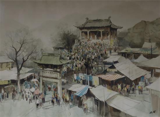 Asian School, watercolour - Asian temple, indistinctly signed, 52 x 72cm